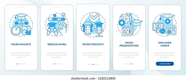 Microlearning examples blue onboarding mobile app screen. Walkthrough 5 steps editable graphic instructions with linear concepts. UI, UX, GUI template. Myriad Pro-Bold, Regular fonts used