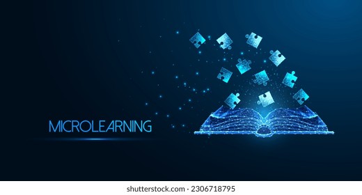 Microlearning, gamification in education futuristic concept with open book and jigsaw puzzle pieces in glowing low polygonal style on dark blue background. Abstract modern design vector illustration. 