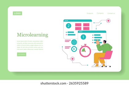 Microlearning illustration. Focused online learning experience using short modules. Visual representation of interactive content, timer for efficient study, and engaging digital elements. Vector