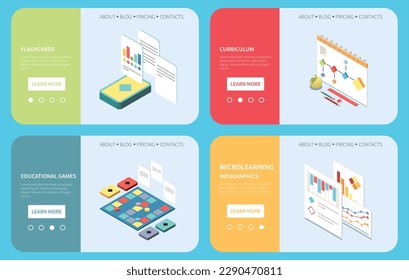 Microlearning isometric banner set with educational trend symbols isolated vector illustration