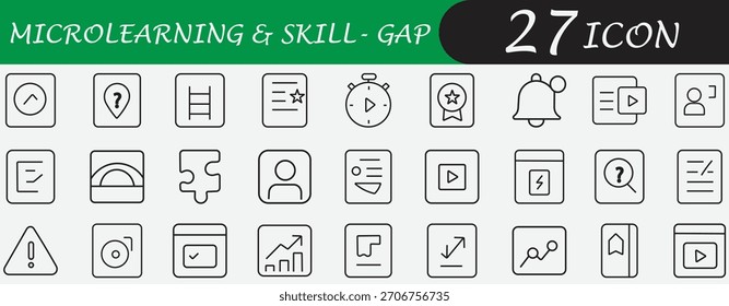Microlearning Line Icon Set. Containing skill-gap, training, progress, certificate, and video symbols. Editable vector icon for EdTech app and corporate platforms.

