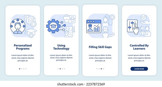 Microlearning methods light blue onboarding mobile app screen. Walkthrough 4 steps editable graphic instructions with linear concepts. UI, UX, GUI template. Myriad Pro-Bold, Regular fonts used