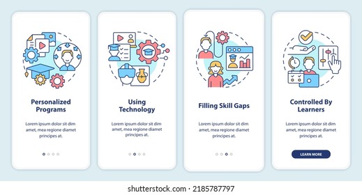 Microlearning practices onboarding mobile app screen. Using technology walkthrough 4 steps editable graphic instructions with linear concepts. UI, UX, GUI template. Myriad Pro-Bold, Regular fonts used
