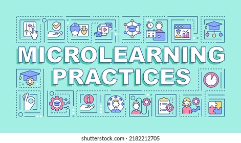 Microlearning practices word concepts mint banner. Advance skills. Infographics with editable icons on color background. Isolated typography. Vector illustration with text. Arial-Black font used