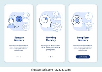 Proceso de microaprendizaje pantalla de aplicación móvil azul claro incorporado. Recorrido 3 pasos instrucciones gráficas editables con conceptos lineales. UI, UX, plantilla GUI. Multitud de tipos de letra Pro-Bold, con uso regular