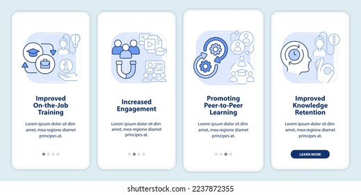 Microlearning pros light blue onboarding mobile app screen. Walkthrough 4 steps editable graphic instructions with linear concepts. UI, UX, GUI template. Myriad Pro-Bold, Regular fonts used