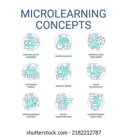 Microlearning turquoise concept icons set. Effective educational approach idea thin line color illustrations. Technology. Isolated symbols. Editable stroke. Roboto-Medium, Myriad Pro-Bold fonts used