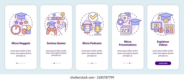 Microaprendizaje en pantalla de aplicaciones móviles. Recorrido de micro nuggets de 5 pasos instrucciones gráficas editables con conceptos lineales. UI, UX, plantilla GUI. Multitud de tipos de letra Pro-Bold, con uso regular