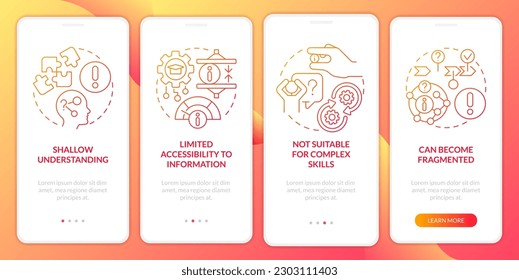 Microlearning weaknesses red gradient onboarding mobile app screen. Walkthrough 4 steps graphic instructions with linear concepts. UI, UX, GUI template. Myriad Pro-Bold, Regular fonts used