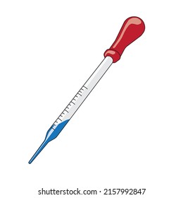 Microliter pipette with red rubber handle and blue liquid chemical
