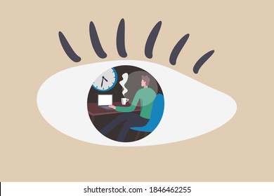 Micromanagement, too much details and manipulation or controlled from boss or distrust employee concept, depresses employee working in boss, manager eyes who watching and staring at him all time.