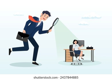 Micromanager boss using magnifying glass keep looking at employee working, toxic manager monitoring every details, excessive supervision and control of employee work and processes (Vector)