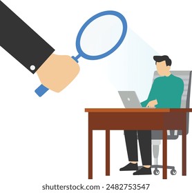 micro-manager boss using magnifying glass keeps eye on employees work. Micromanagement bosses and toxic managers monitor every detail, oversight, and control over employee work and processes.