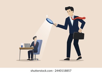 Micromanaging boss, excessive supervision and control of employee work, micromanager boss using magnifying glass keep looking at employee working.