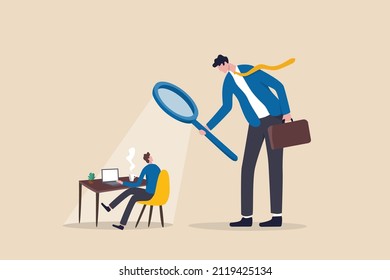 Micromanaging Boss, Toxic Manager Monitoring Every Details, Excessive Supervision And Control Of Employee Work And Processes, Micromanager Boss Using Magnifying Glass Keep Looking At Employee Working.