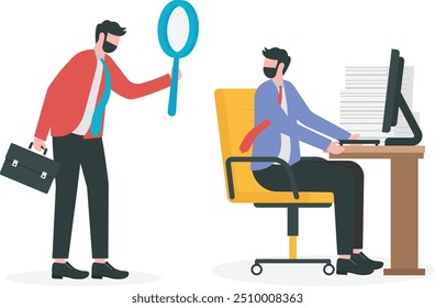 Micromanaging boss, toxic manager monitoring every details, excessive supervision and control of employee work and processes, micromanager boss using magnifying glass keep looking at employee working.