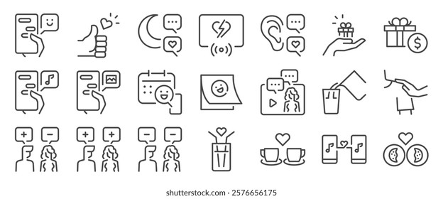 Micro-mance icon set. It included contexts such as DWM, GRWM, love, romance, relationship and more. Editable Vector Stroke.