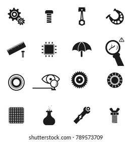 Micrometer. Cogwheel and Gears pictogram. Piston engine. Screw and bolt. Wing nut and butterfly nut. Spanner. Umbrella. Scheme. Eye and optic. Flask. Cogwheel. Circular saw. Simple icon in vector