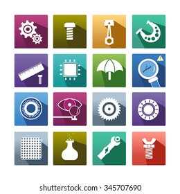 Micrometer. Cogwheel/Gears. Piston engine. Screw / bolt. Steel. Wing nut/ butterfly nut. Spanner. Umbrella. Scheme. Eye / optic. Flask. Cogwheel. Circular saw. Ruler and bolt.  Simple icon in vector