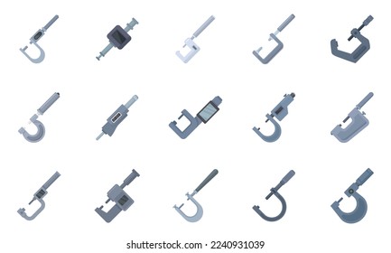 Micrometer icons set flat vector. Engineering gauge. Industrial micrometer isolated