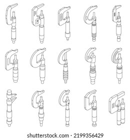 Micrometer icons set. Isometric set of micrometer vector icons outline thin lne isolated on white