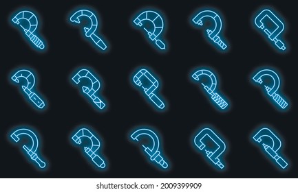 Micrometer icons set. Outline set of micrometer vector icons neon color on black