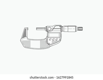 Micrometer logo icon sign. Measuring engineer tool. Universal device designed to measure linear dimensions. Detailed line art outline Vector illustration isolated on white background.