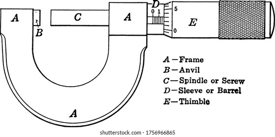 Micrometer Screw Gauge is a device used for accurate measurement of components, vintage line drawing or engraving illustration.