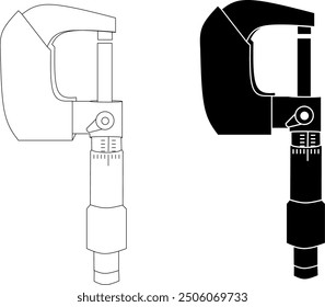 Micrometer Tool Icon: Precision Measurement Instrument in Line Art and Solid Design