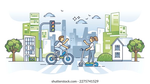 Micromobility as sustainable urban transportation method outline concept. Environmental and nature friendly daily bicycle or scooter rental service to reduce vehicle emissions vector illustration.