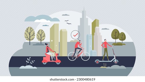 Micromobility as sustainable urban transportation type tiny person concept. Healthy and active transport sharing method with bicycle or electric scooter vector illustration. Fast and effective devices