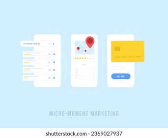 Micro-moment marketing concept. People use their phones to quickly do something they need. Customer Journey in Mobile Marketing, Snackable Content Vector illustration isolated on blue background