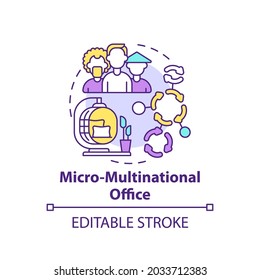 Micro-multinational office concept icon. Workspace trend idea thin line illustration. Diverse office workers. Supportive place for employees. Vector isolated outline RGB color drawing. Editable stroke