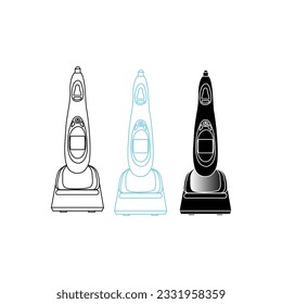 Microneedle stamping device. DERMAPEN vector.Vacuum hardware facial cleansing, skin health, professional face skin care, vector.weightlifting inside of crown icon pen draw. Blue ink.
