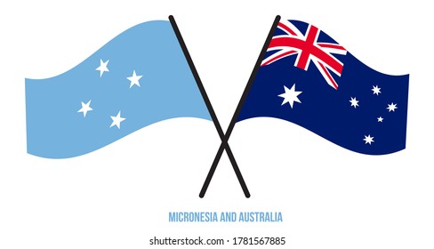Banderas de Micronesia y Australia Cruzadas y ondeando estilo plano. Proporción oficial. Colores correctos.