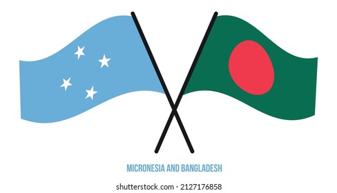 Micronesia and Bangladesh Flags Crossed And Waving Flat Style. Official Proportion. Correct Colors.