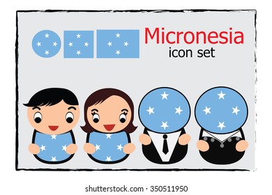 Micronesia boy, girl, businessman, business women cartoon vector illustration and Micronesia round, square and normal flag icon set
