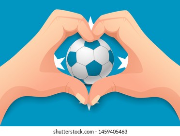 Micronesia flag and hand heart shape. National football background. Soccer ball with flag of Micronesia vector illustration