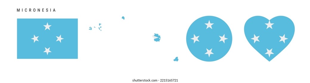 Conjunto de iconos de la bandera de Micronesia. Pendiente micronesio en colores y proporciones oficiales. Rectangular, en forma de mapa, en círculo y en forma de corazón. Ilustración vectorial plana aislada en blanco.