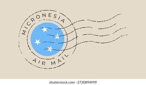 Bandera de Micronesia dentro de un sello de goma retro que simboliza los viajes internacionales por correo aéreo con una textura grunge afligida.