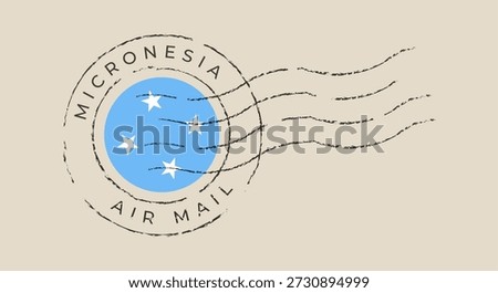 Micronesia flag inside a retro rubber stamp postmark symbolizing international air mail travel with a distressed grunge texture..