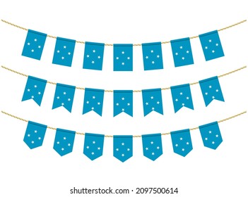 Micronesia flag on the ropes on white background. Set of Patriotic bunting flags. Bunting decoration of Micronesia flag