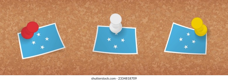 Bandera de Micronesia colocada en el tablero de corcho, tres versiones de la bandera de Micronesia. Pantalones vectores y conjunto de indicadores.