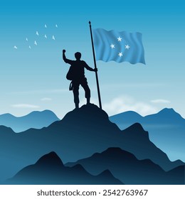 Micronesia Flag raised on a mountain peak with clear sky in the background, vector illustration