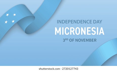 Anuncio del Día de la Independencia de Micronesia con cinta de la bandera y diseño patriótico del fondo.