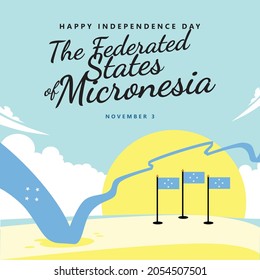 Micronesia independence day vector illustration with a long flag within tropical beach scenery. Oceanian country public holiday.