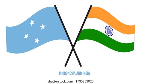 Banderas de Micronesia e India Cruzadas y ondeando estilo plano. Proporción oficial. Colores correctos.