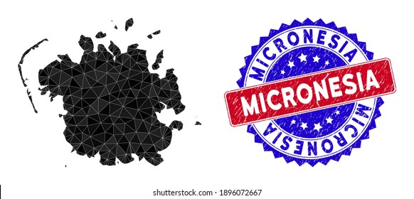 Micronesia island map polygonal mesh with filled triangles, and grunge bicolor seal. Triangle mosaic Micronesia island map with mesh vector model, triangles have randomized sizes, and positions,