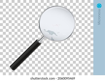 Micronesia map with flag in magnifying glass on transparent background. Vector loupe with map.