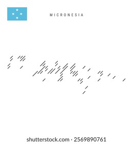 Micronesia map from pattern of black slanted parallel lines. Micronesian map with gray diagonal lines. Silhouette of a country made of oblique hatching. Vector illustration isolated on white.